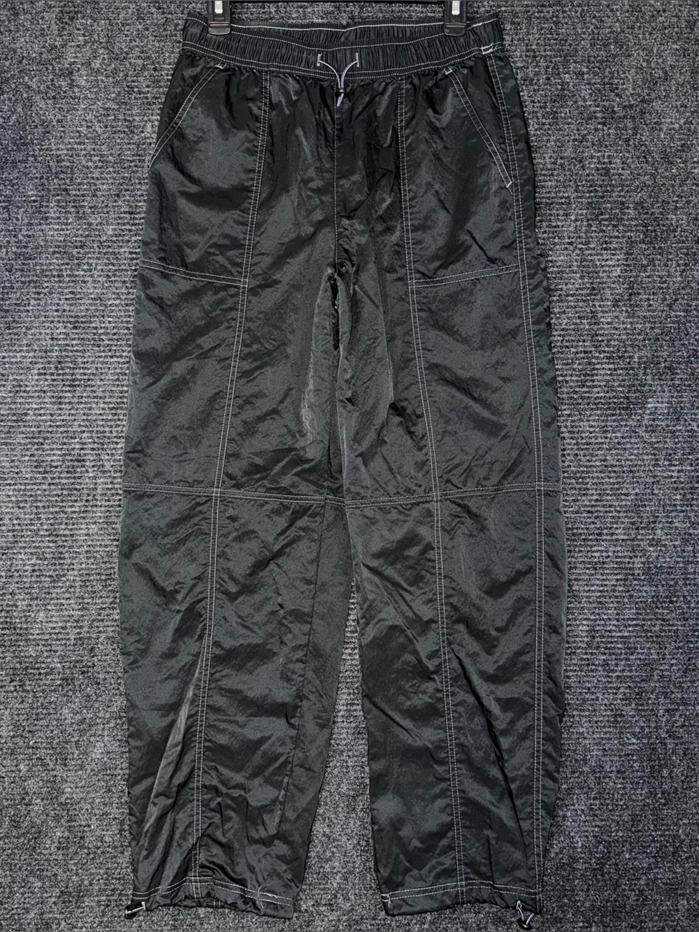 Black Parachute Pants Baggy Wide Leg Utility Women’s S Y2K Streetwear Bungee Hem